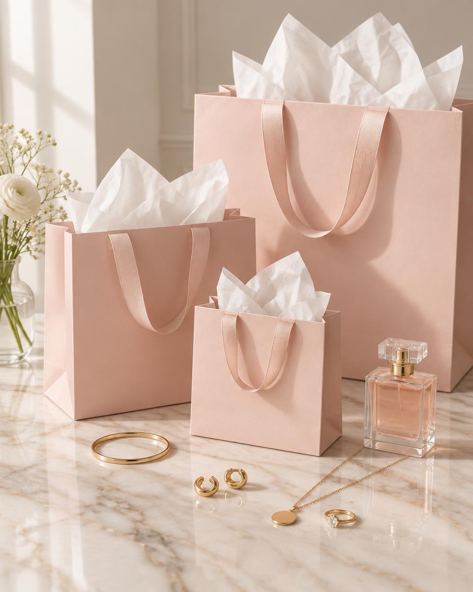Blush pink shopping bags with gold jewellery and perfume on a marble surface